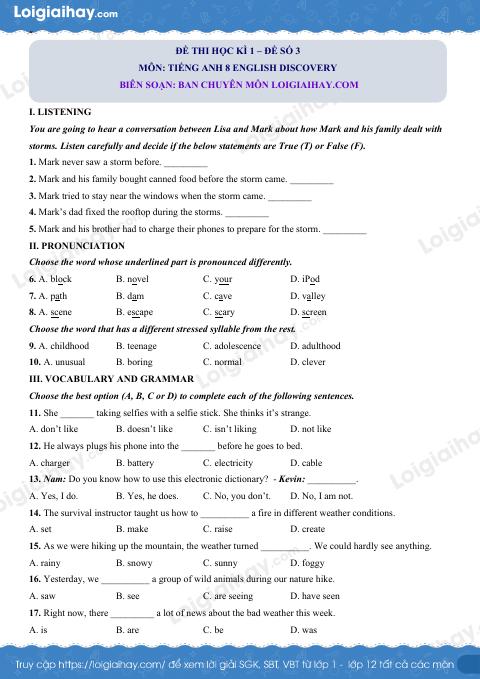 Đề thi học kì 1 Tiếng Anh 8 English Discovery - Đề số 3